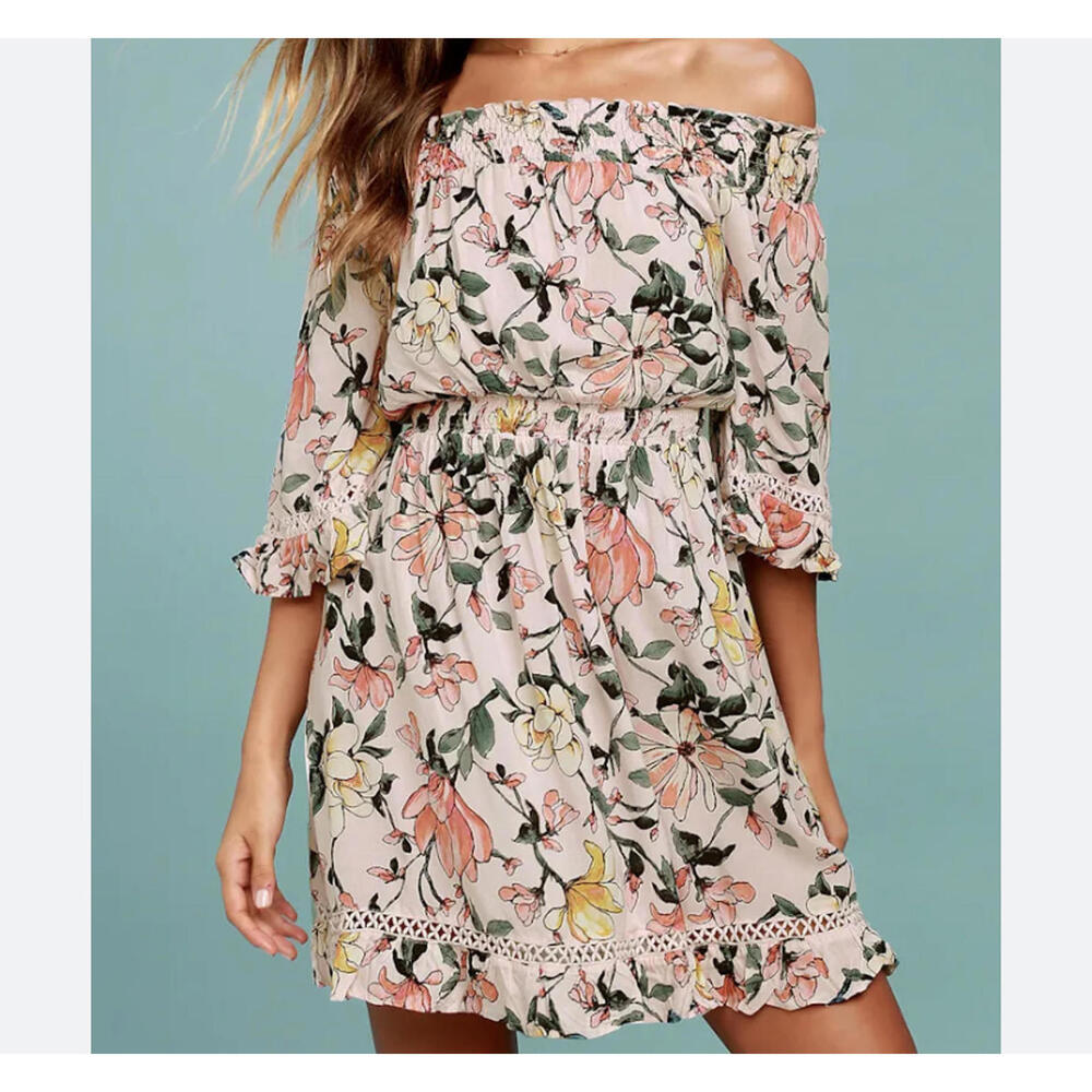 LULUS pink floral off the shoulder mini dress sz M